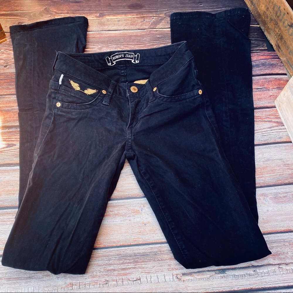 ✨VINTAGE LOW RISE ROBIN’S JEAN MARILYN BLACK SKINNY W/ICONIC GOLD WINGS …